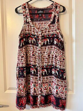 Studio Cleanout! Angie Elephant Print Sleeveless Boho Dress Tunic – Size Large